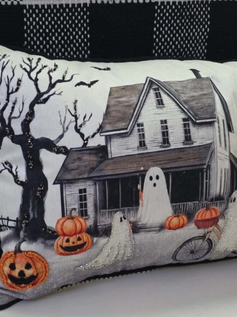♥️New! Halloween Haunted House & Ghosts Pillow Beaded Pumpkins Striped Back.